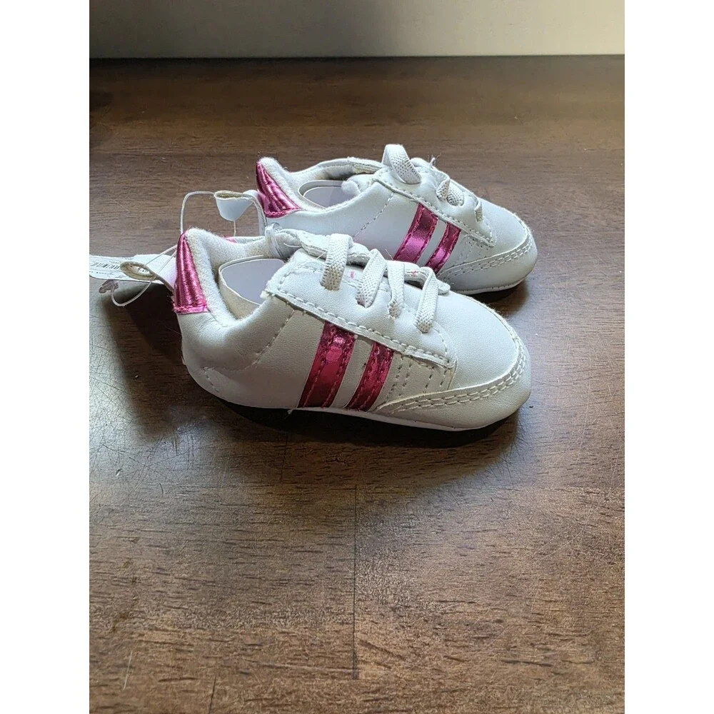 Luvable Friends Baby Girls White Pink Striped Prewalker Crib Shoes Booties 0-6M